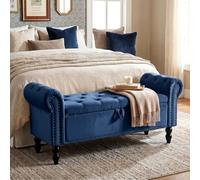 Clevich Banc de Rangement 133cm, avec Tige Hydraulique Pneumatique, avec Réversible Couvercle, avec Pieds en Bois Solides, jusqu'à 168kg, pour Couloir, Chambre à Coucher, Entrée, Salon, Bleu