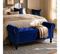Clevich Banc de Rangement 133cm, avec Tige Hydraulique Pneumatique, avec Réversible Couvercle, avec Pieds en Bois Solides, jusqu'à 168kg, pour Couloir, Chambre à Coucher, Entrée, Salon, Bleu