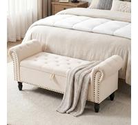 Clevich Banc de Rangement 133cm, Velours Coffre Bout de Lit 133 x 46 x 53 cm, Style Luxueux, avec Réversible Couvercle, avec Pieds en Bois, jusqu'à 168kg, pour Couloir, Chambre, Salon (Beige)