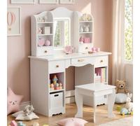 Clevich Coiffeuse Enfants avec Miroir et Tabouret, Coiffeuse pour Fille | Table de Maquillage Fille avec 5 Tiroirs et 10 Compartiments de Rangement, 95x34x118cm, Bureau pour Enfant, Blanc