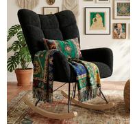 Clevich Fauteuil à Bascule Allaitement Scandinave, Rocking Chair Confortable avec Velours Teddy, Pieds en Bois et Métal, pour Salon, Chambre d'enfants, Chambre, Jusqu'à 136kg, Noir