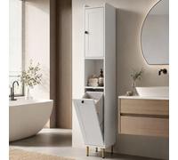 Clevich Meuble Colonne Salle de Bain avec Panier à Linge Amovible, Armoire de Salle de Bain, avec Sécurité Anti-basculement, 30 x 30 x 181 cm, Blanc, 1pc