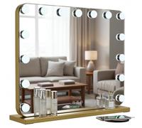 Clevich Miroir Maquillage Hollywood 15 Ampoules LED 50 x 40 cm, Miroir Coiffeuse Lumineux Contrôle Tactile avec Luminosité Réglable et Loupe à Grossissement, sur Table/sur Mur et USB, Doré