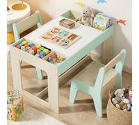 Clevich Table avec 2 Chaises avec Rangement, Ensemble de Table et Chaises | Bureau Enfant Polyvalente avec Plateau de Table Réversible, en Bois, pour école Garderie Bureau Enfant Chambre, 3 Ans, Vert