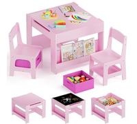 Clevich Table Enfant avec 2 chaises, Table Enfant en Bois avec Rangement | à dessin et jouer, Ensemble bureau et chaises avec Plateau de Réversible, pour chambre d'enfant École, 3+ ans, Rose
