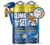 Clima Set Kit de 2 x 3en1 R134 Réfrigérant de Climatisation avec Produit d'Etanchéité et Huile - pour Climatisation Auto - Set avec Tuyau et Manomètre - Réfrigérant pour Climatiseur Auto
