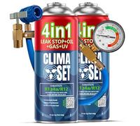 CLIMASET - 2 X 4 En 1 Gaz de Recharge pour Climatisation R134a, Huile, Produit D'étanchéité Avec Colorant UV + Tuyau - Kit de Recharge de Gaz pour Climatisation et de Détection de Fuites