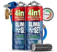 CLIMASET - 2x 4en1 Gaz de Recharge pour Climatisation R134a, Huile, Produit D'étanchéité Avec Colorant UV + Tuyau + Lampe Torche UV -Kit de Recharge de Gaz pour Climatisation et de Détection de Fuites