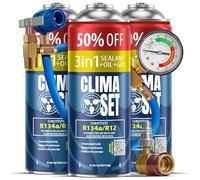ClimaSet - 3 x 3-en-1 Gaz de recharge pour climatisation r134a, huile, produit d'étanchéité XL & 1 x tuyau & 1 x adaptateur - Kit de Recharge de Gaz pour Climatisation pour Automobile - 705 g
