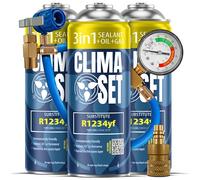 ClimaSet - 3 x Recharge 3 en 1 R 1234yf pour climatisation, Huile, Produit Anti-fuites, 1 x Tuyau et 1 x Adaptateur - Kit de Recharge de Gaz pour Climatisation pour Automobile - 510 g