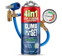 CLIMASET - 4 En 1 Gaz de Recharge pour Climatisation R134a, Huile, Produit D'étanchéité Avec Colorant UV + Tuyau - Kit de Recharge de Gaz pour Climatisation et de Détection de Fuites