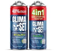 CLIMASET - 4 En 1 Gaz de Recharge pour Climatisation R134a, Huile, Produit D'étanchéité Avec Colorant UV + Gaz R134a - Kit de Recharge de Gaz pour Climatisation et de Détection de Fuites