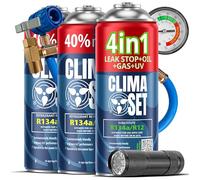 CLIMASET - 4en1 Gaz de Recharge pour Climatisation R134a, Huile, Produit Anti-Fuites Avec Colorant UV + 2xr134a + Tuyau + Lampe Torche UV - Recharge de Gaz pour Climatisation et de Détection de Fuites