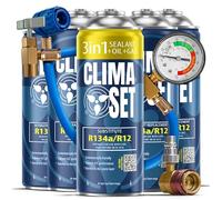 CLIMASET - Kit 3 En 1 pour Recharge de Climatisation R134a, Huile, Produit Anti-Fuites, 4 X Gaz R134a, Tuyau et Adaptateur LP/HP - Kit de Recharge de Gaz pour Climatisation Automobile