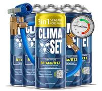 CLIMASET - Kit 3 en 1 pour Recharge de Climatisation R134a, Huile, Produit D'étanchéité et 4 X Gaz R134a et Tuyau - Kit de Recharge de Gaz pour Climatisation Automobile