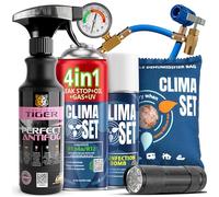 CLIMASET - Kit 4en1 Pour Climatisation: Recharge De Gaz R134a, Huile, Produit Anti-Fuites Avec Colorant UV XL, Nettoyant Pour Climatisation, Tuyau, Lampe Torche UV, Absorbeur D'humidité et Anti-Buée