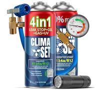 CLIMASET - Kit 4en1 pour Recharge de Climatisation R134a, Huile, Produit Anti-Fuites Avec Colorant UV, Gaz R134a, Tuyau et Lampe Torche UV -Recharge de Gaz pour Climatisation et de Détection de Fuites