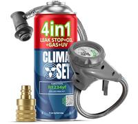 CLIMASET - Kit Recharge Clim Voiture - Gaz et huile R1234yf + tuyau + adaptateur YF - Pour Véhicules après 2016, Avec Tuyau Moderne et Ergonomique Équipé d’un Manomètre