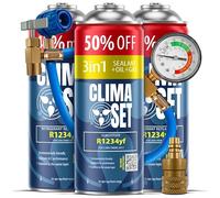 ClimaSet Recharge clim R1234yf + 3en1 gaz clim r1234yf - 3x235 g avec Tuyau, Manomètre et Adaptateur HP/LP - Climatisation - Climatiseur voiture - Recharge climatisation voiture - ECO