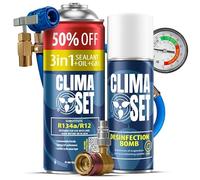 ClimaSet - Recharge de gaz 3 en 1 pour climatisation r134a, Huile, Produit d'étanchéité XL, nettoyant pour climatisation, Tuyau et Adaptateur - Kit de Recharge de Gaz pour Climatisation - 235 g