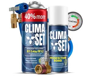 ClimaSet - Recharge de gaz r134a XL pour climatisation, nettoyant pour climatisation, tuyau et adaptateur - Kit de Recharge de Gaz pour Climatisation pour Automobile - 235 g