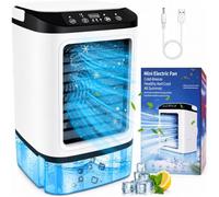 Climatiseur d'air Portable Mini 4 en 1, Ventilateur Rafraîchisseur Personnel avec Réservoir 900ml, Ultra Silencieux 36dB, Double Brumisation, Alimentation USB pour Bureau et Chambre,