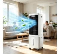 Climatiseur Mobile 3 en 1, Rafraîchisseur d'Air, Réservoir 25L, avec 1-12H Minuterie, 3 Vitesses 2 Modes, 4 Pack Glacons, Télécommande, Portable, Silencieux, pour Maison Bureau Chambre