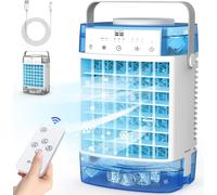 Climatiseur portable 4 en 1 avec télécommande, mini refroidisseur d'air par évaporation, climatiseur USB avec poignée, minuterie et 7 lumières colorées, 2 modes de brumisation, bleu