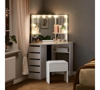 CLIPOP Coiffeuse avec Miroir LED à Luminosité Réglable et 5 Tiroirs Rangement Table de Maquillage Blanche Coiffeuse d'angle avec Tabouret Couffeuse en Bois 114 x 61 x 140 cm