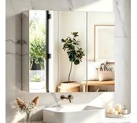 CLIPOP Miroir Meuble Salle de Bain,Miroir Mural Armoire de Toilettes avec 3 Portes Miroir et 3 Niveaux Étagères à Hauteur Réglable Blanc