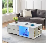 CLIPOP Table basse rectangulaire avec lumière LED, rangement 4 tiroirs et étagère ouverte, canapé extensible pour la maison, le bureau, le salon