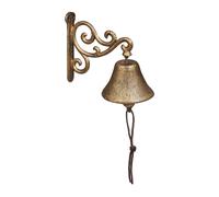 Relaxdays Cloche en Fonte, Design Antique, Sonnette Vintage pour Jardin, Corde, pour l’extérieur, Accessoire Mural, doré