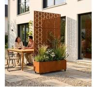 Cloison « Aaskis » avec jardinière à roulettes en acier Corten 190 x 82 x 38 cm, rouille patinée