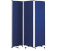 Cloison d'espace divisible en trois parties/écran pliable sur roulettes, dimensions : 1800 x 1810 x 370 mm, couleur du cadre : blanc crème, couleur du panneau : bleu roi