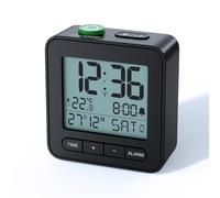 Cloka Réveil Radio-piloté à Piles Compact avec Température et Calendrier | LCD, Piles incluse, Snooze 5 Min, Rétroéclairage