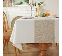 Clothfuna Nappe rectangulaire en lin, Beige Jacquard, nappe de table en coton avec motif feuilles de café pour table à manger, fête, anniversaire, 135x220 cm / 53x87 pouces