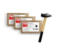 Clous TOX Bildernagel Classic en 3 tailles + marteau serrurier 300g. Acier trempé, tête laiton, emballage recyclable. Tailles 2,0x25/40/50mm, 20 pcs chacun, réf. 063909002