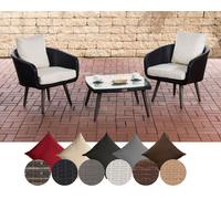 CLP Ensemble de balcon Ameland rotin plat hauteur d'assise 45 cm avec pieds aspect bois, couleur:noir, couleur du rembourrage:blanc crème