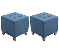 CLP Lot De 2 Tabourets Bas Pharao en Tissu I Repose-Pieds Carré Rembourré Capitonné I Ottomane avec Pieds en Bois, Couleur:Bleu