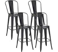 CLP Lot De 4 Tabourets De Bar Design Aiden en Métal Robuste I Dossier Et Repose-Pied I Chaise Haute De Cuisine, Couleur:Noir