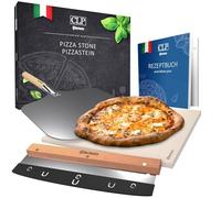 CLP Pierre À Pizza en Cordiérite avec Livre De Recettes I pour Four, Grill 38x30 CM I Seule Ou en Set avec Pelle À Pizza Et Coupeur, Contenu du Set:Pierre à Pizz Coupe+Poussoir