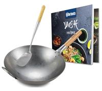 CLP Set wok en acier au carbone, fond plat ou rond pour gaz, induction et grill - avec manche en bois, livre de recettes et spatule | Forme rond