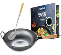 CLP Set wok en acier au carbone, fond plat ou rond pour gaz, induction et grill - avec manche en bois, livre de recettes et spatule | Forme plate