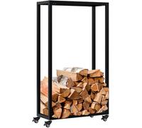 CLP Support pour Bois de cheminée intérieur en métal avec roulettes Hilta, étagère à Bois de Chauffage en métal Robuste Couleur Noir Taille 25x60x100 cm