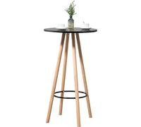 CLP Table haute de bar Livia – plateau rond, pieds bois, repose-pieds métal – Nature/Noir