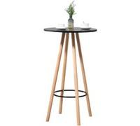 CLP Table haute de bar Livia – plateau rond, pieds bois, repose-pieds métal – Nature/Noir