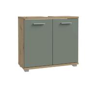 CHAMP - Meuble de salle de bain sous-lavabo 2 portes - Décor chêne et vert sauge - 69.9 x 28.9 x 62 cm