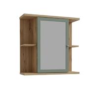 Forte Armoire de toilette murale décor chêne et vert sauge avec miroir sur porte, 4 niches et tablette intérieure, 69.9 x 23.2 x 68.8 cm