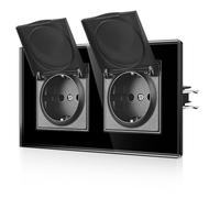CNBINGO Double prise Schuko étanche avec couvercle - Prise Schuko avec griffes - Double prise murale avec plaque en verre - Standard UE - Prise encastrée avec couvercle à charnière - 2 prises - Noir