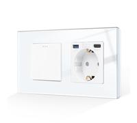 CNBINGO Interrupteur d'éclairage avec prise USB, prise Schuko en verre encastrée avec connexion USB et port de type C (3,1 Amp au total), interrupteur à bascule, interrupteur à bouton blanc, simple